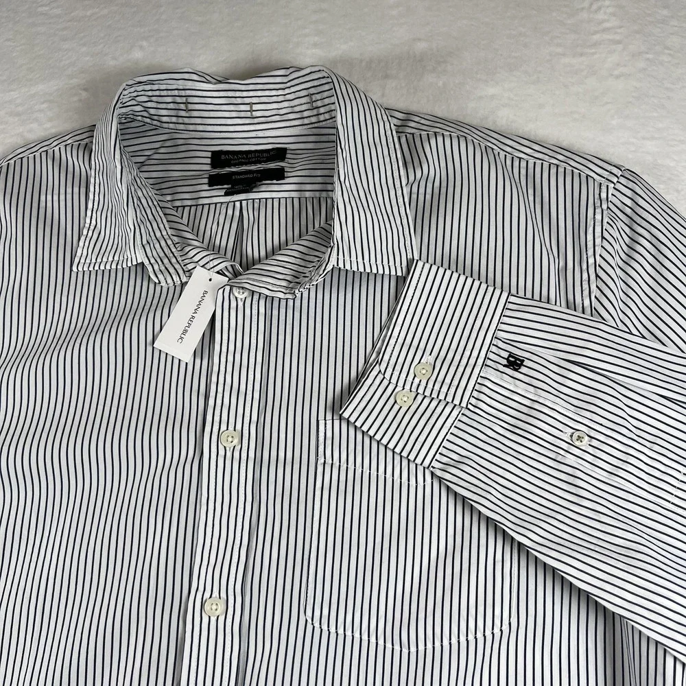 Banana Republic‎ Dress Shirt Mens XL White Striped Organic Cotton Standard Fit